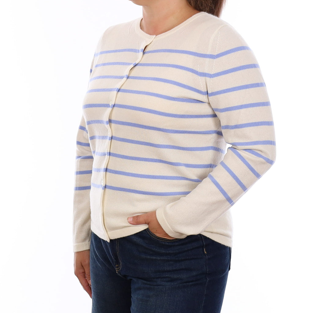 Winter White and Blue Stripe Cashmere Crew Neck Cardigan Large