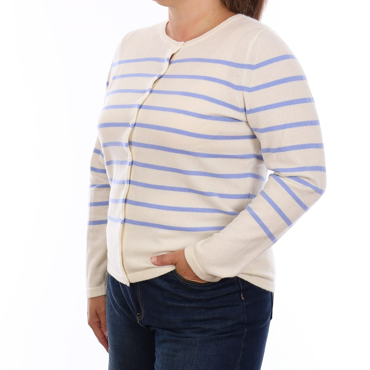 Winter White and Blue Stripe Cashmere Crew Neck Cardigan Large