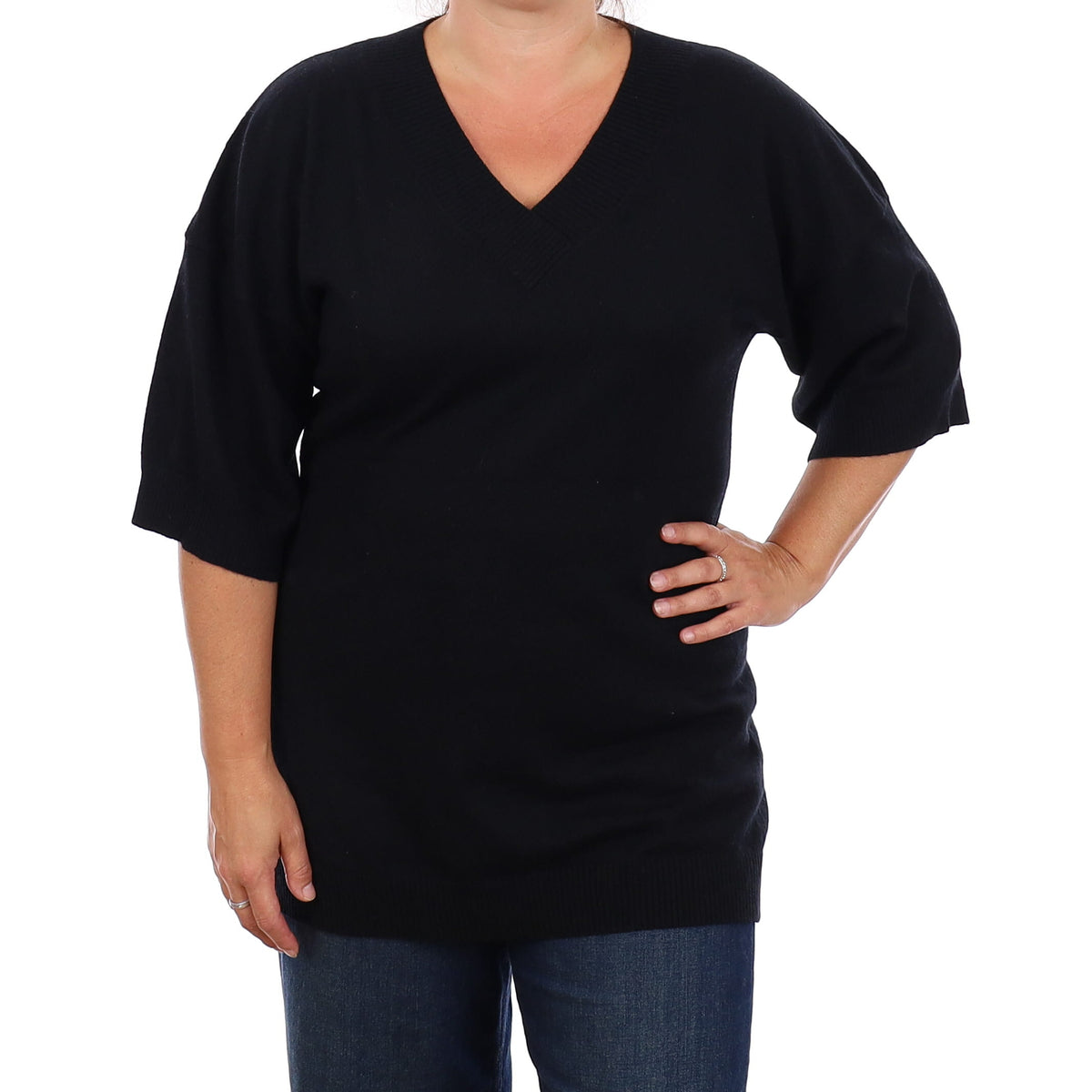 Black Cashmere Short Sleeve V Neck Tunic Jumper Large