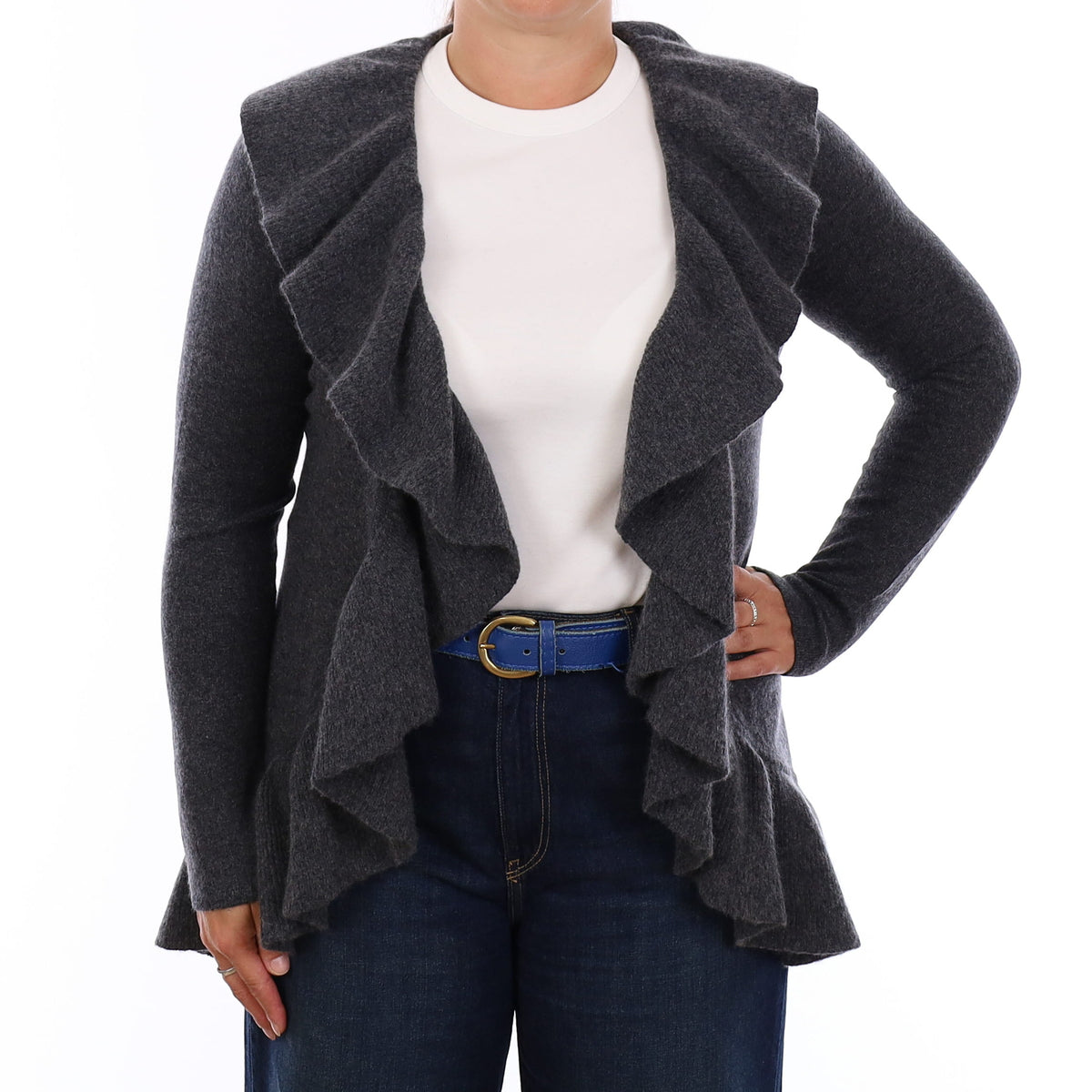 Slate Grey Cashmere Ruffle Edged Cardigan Large