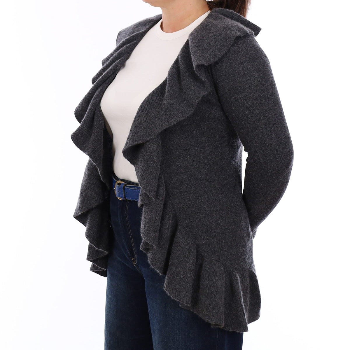 Slate Grey Cashmere Ruffle Edged Cardigan Large