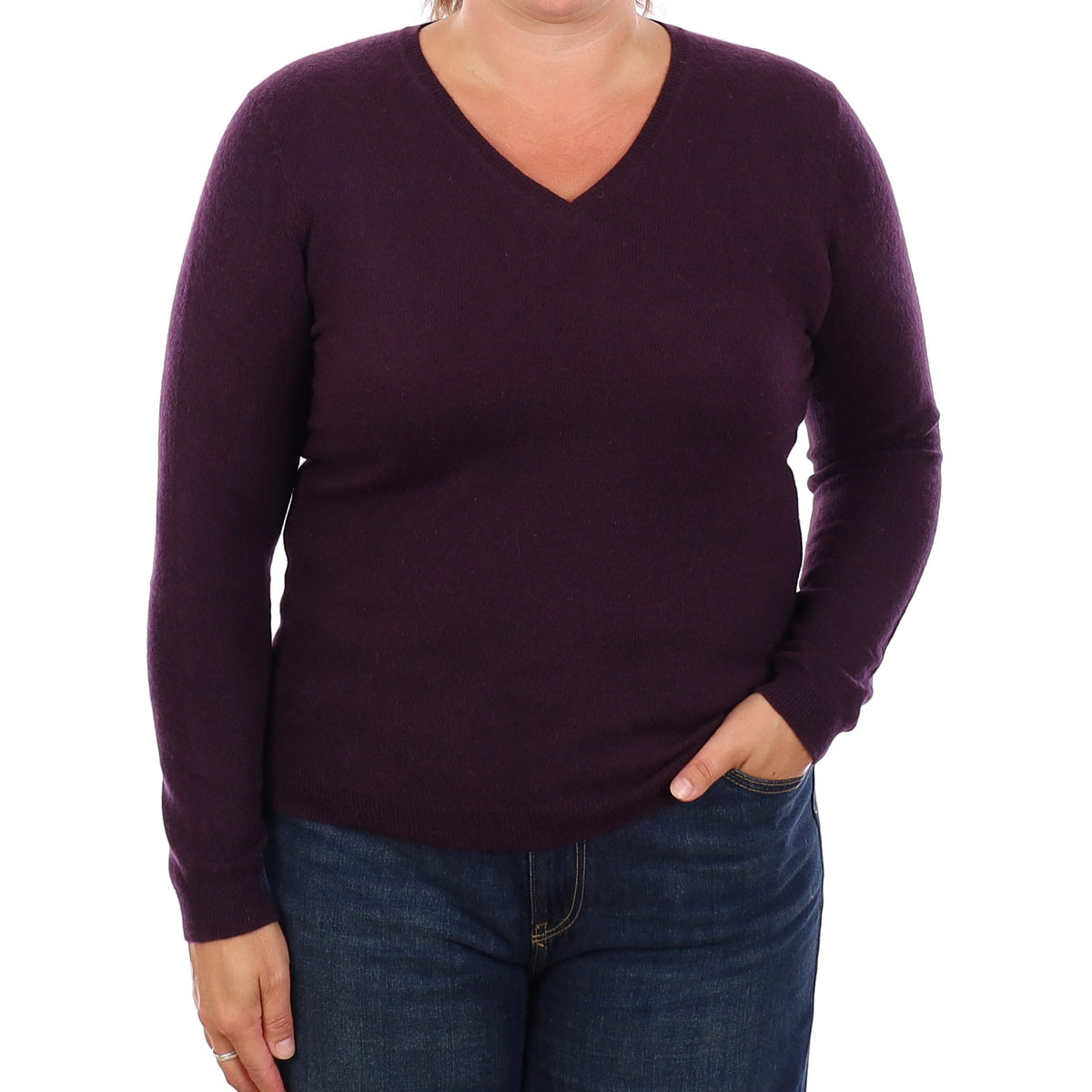 Aubergine Purple Cashmere V Neck Jumper Large