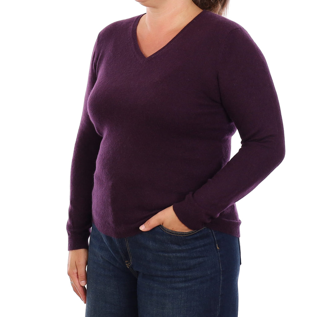 Aubergine Purple Cashmere V Neck Jumper Large