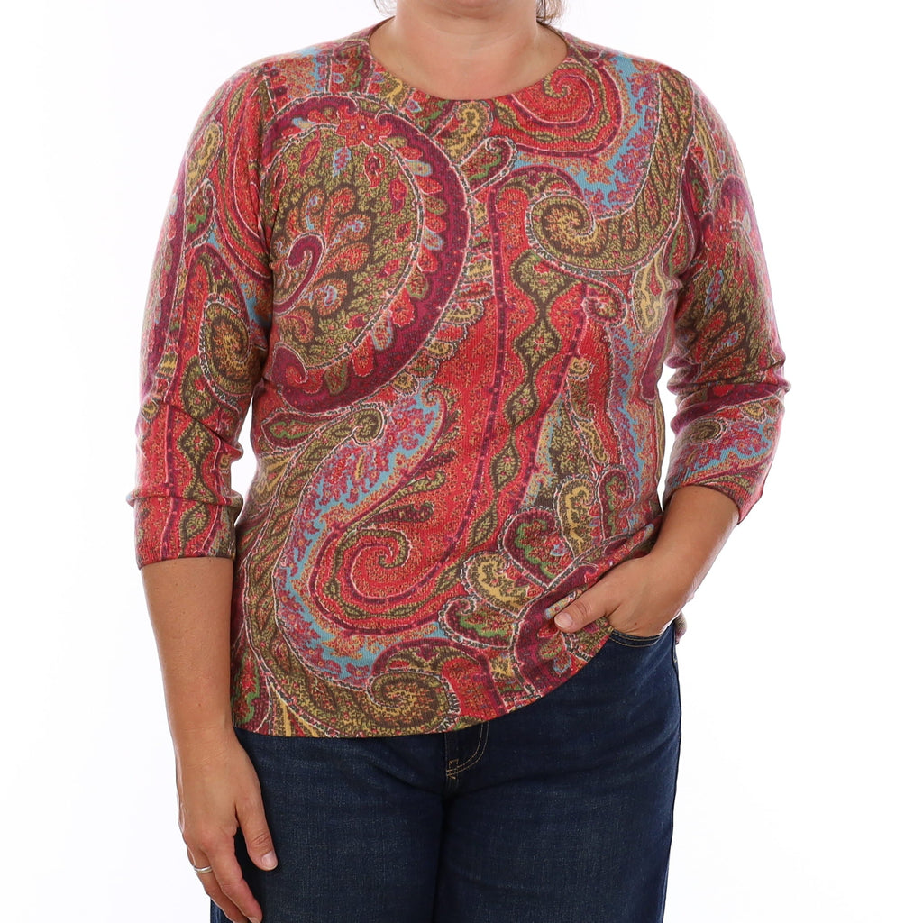Red Paisley Cashmere Crew Neck Jumper Large