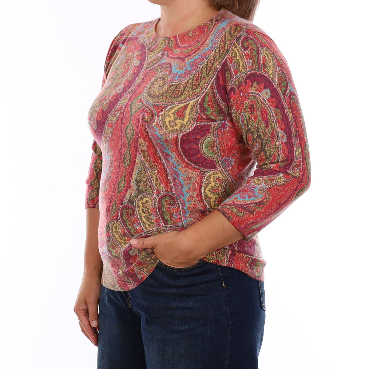 Red Paisley Cashmere Crew Neck Jumper Large