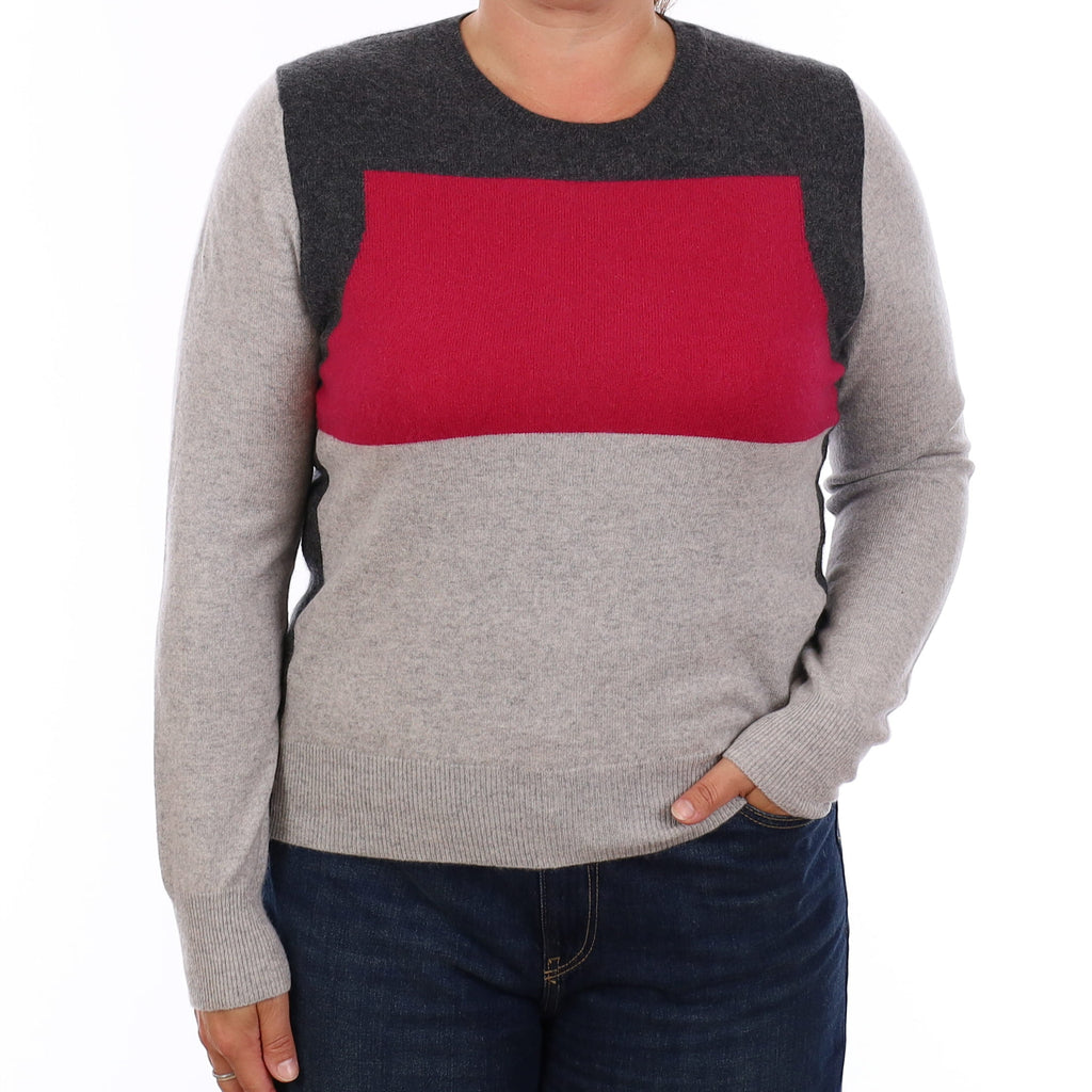Grey & Pink Cashmere Crew Neck Jumper Large