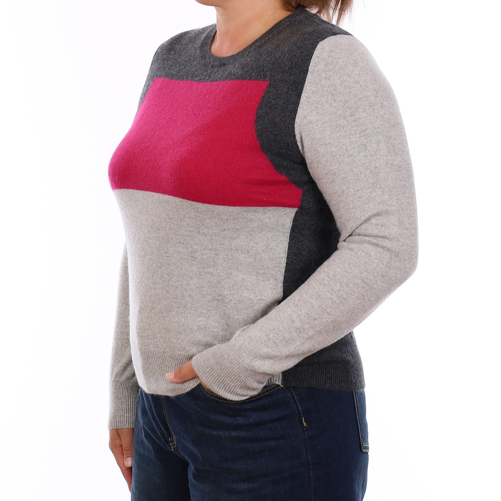 Grey & Pink Cashmere Crew Neck Jumper Large