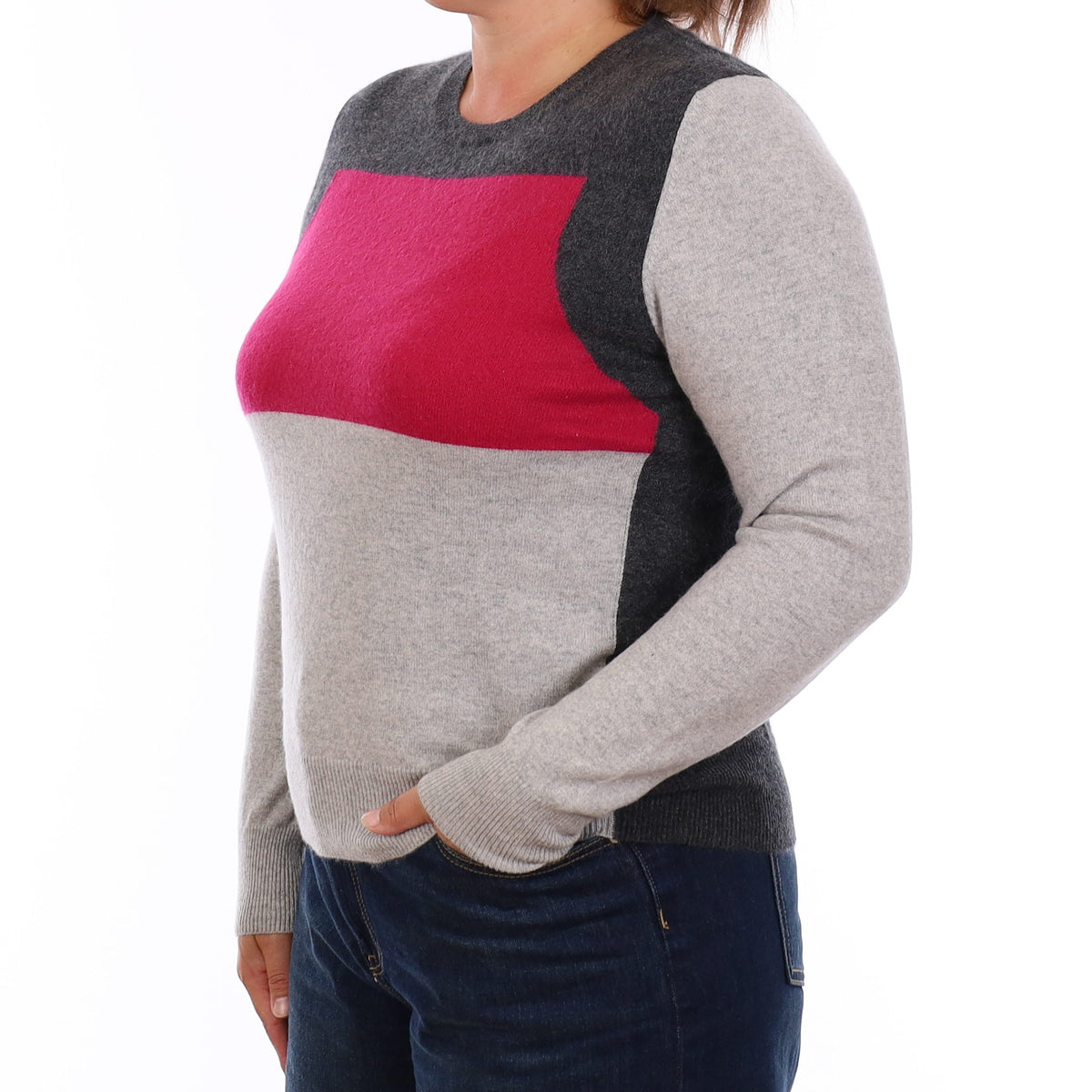 Grey & Pink Cashmere Crew Neck Jumper Large