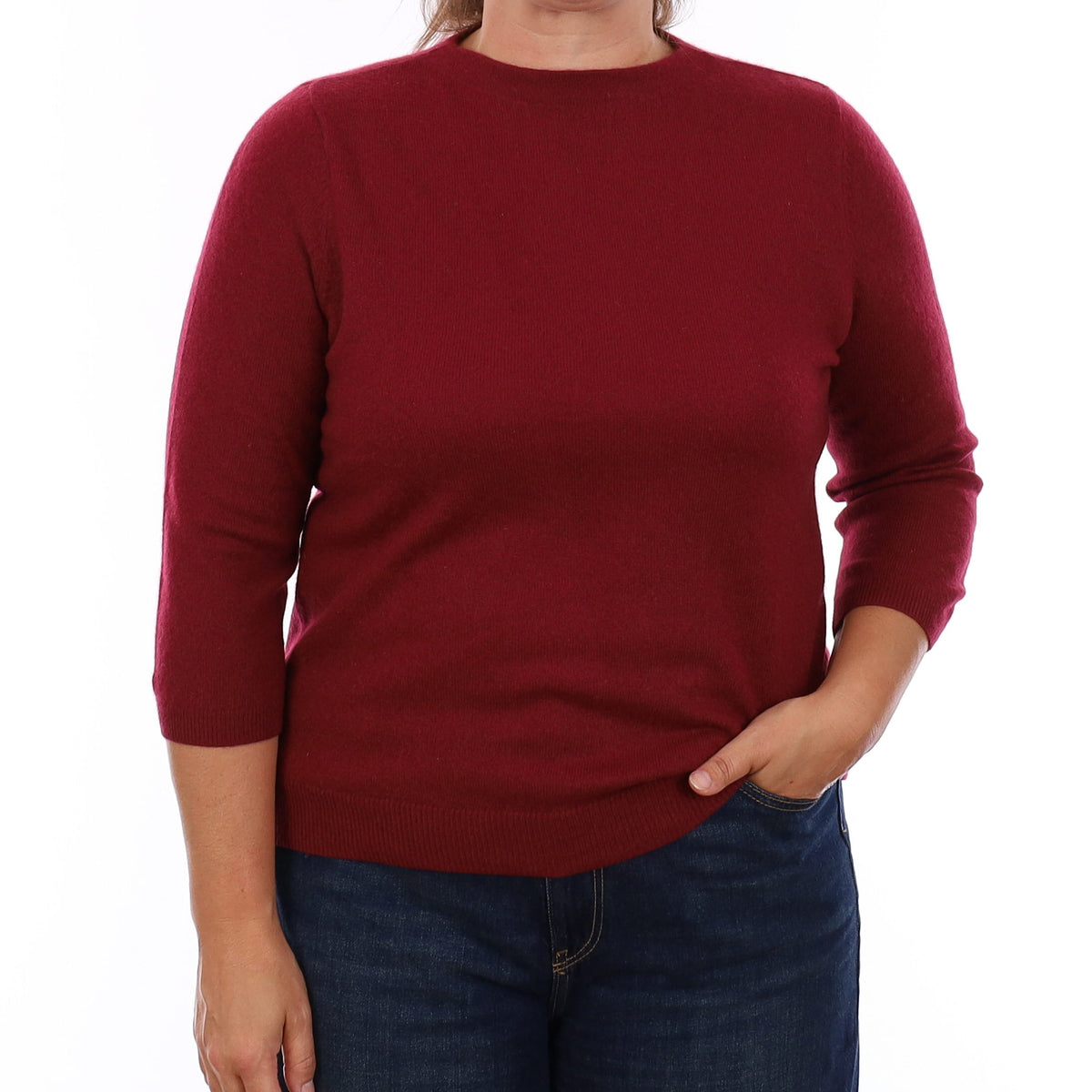 Wine Red Cashmere 3/4 Sleeve Crew Neck Jumper Large