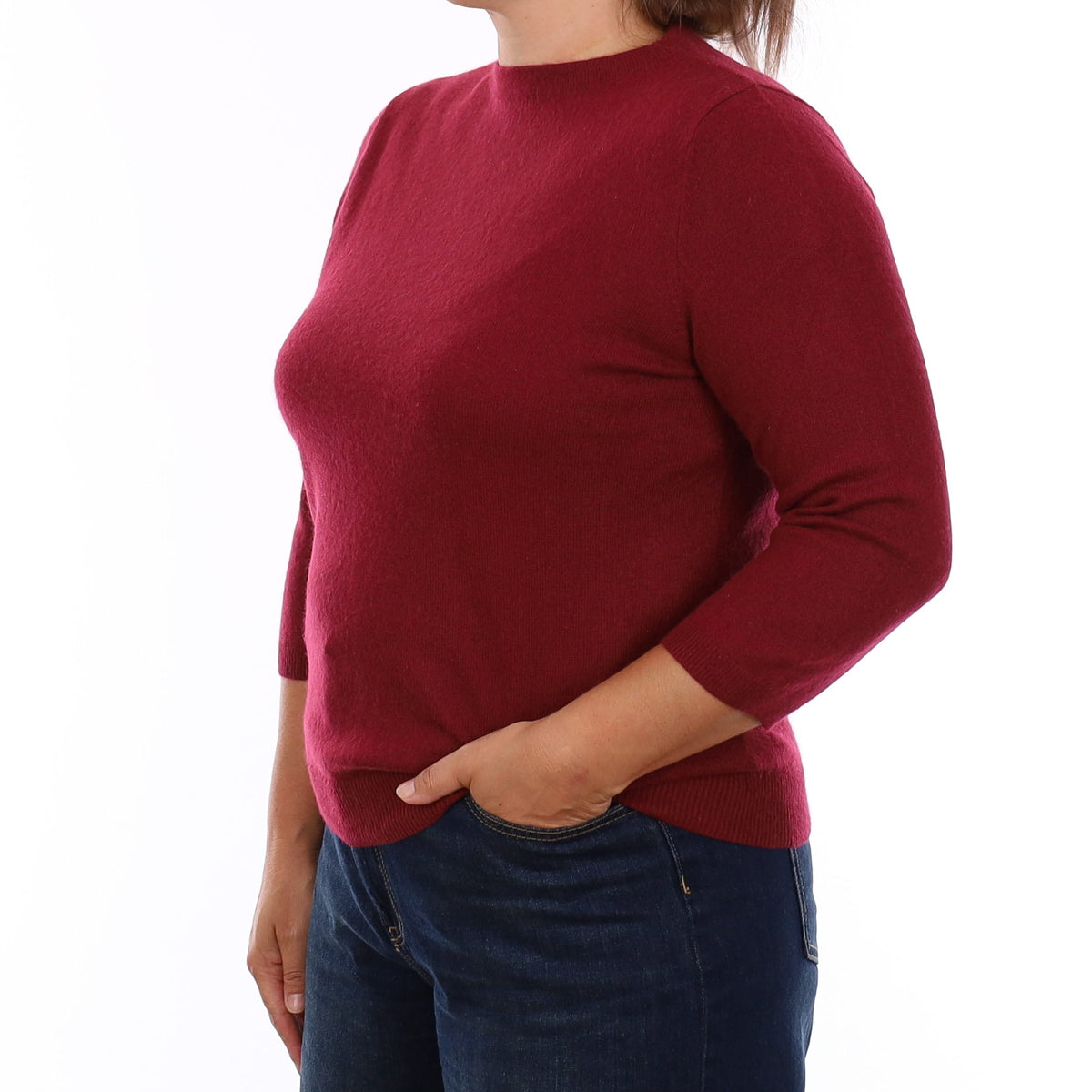 Wine Red Cashmere 3/4 Sleeve Crew Neck Jumper Large
