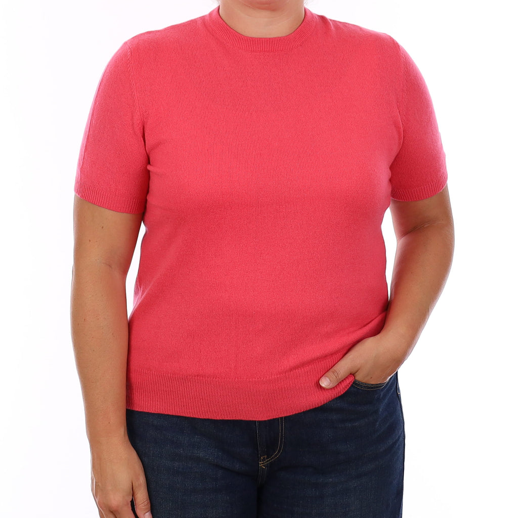 Neon Pink Cashmere Short Sleeve Crew Neck Large