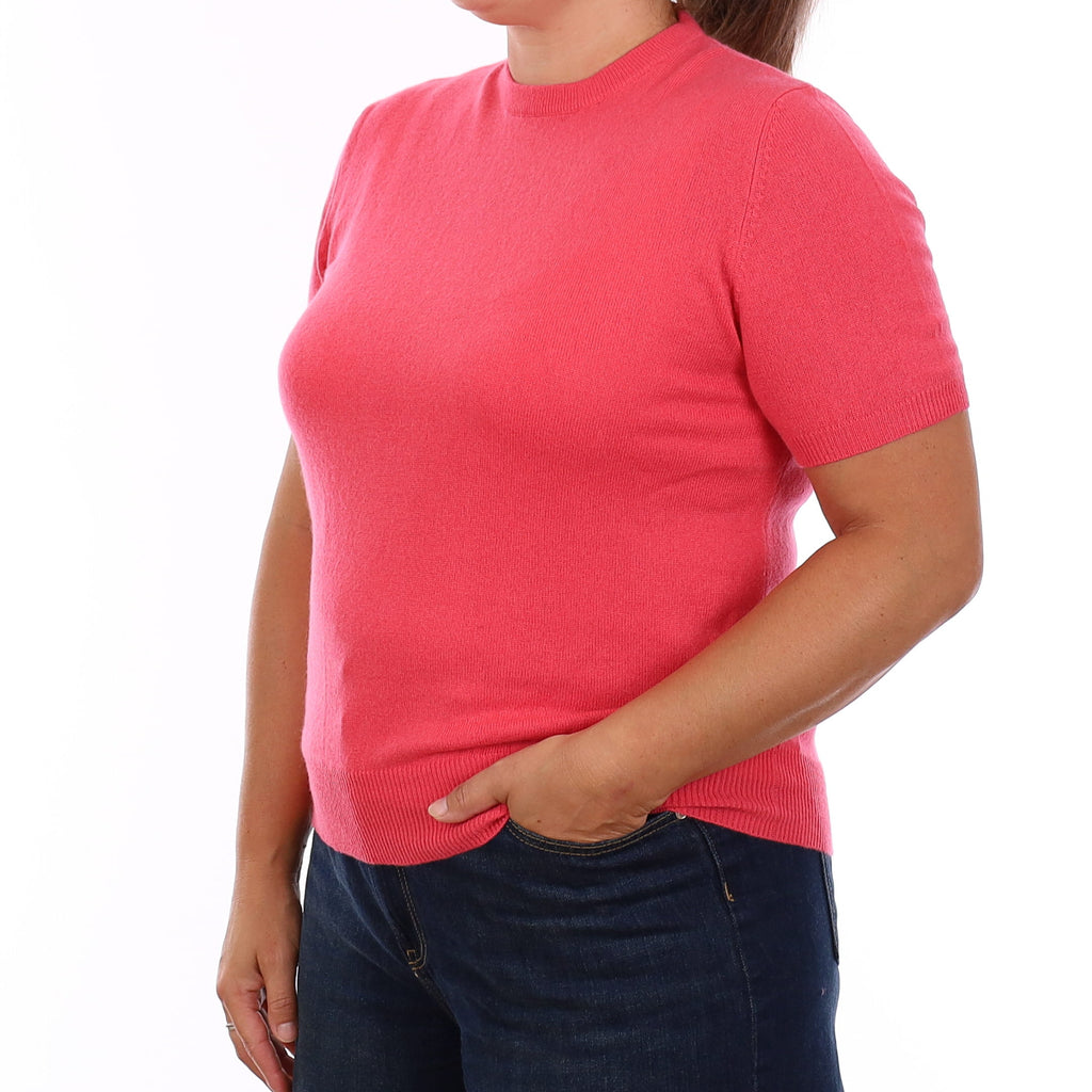 Neon Pink Cashmere Short Sleeve Crew Neck Large