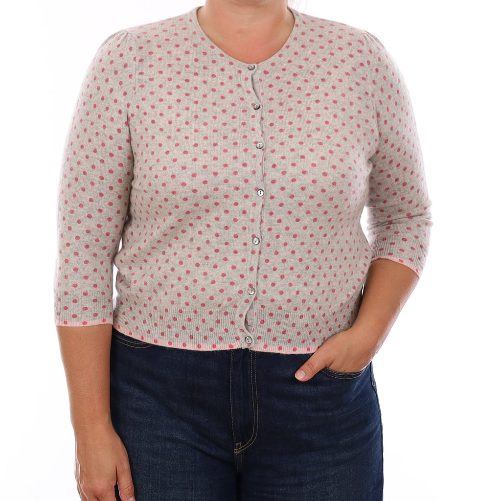 Grey & Pink Poker-dot Cashmere 3/4 Sleeve Crew Neck Cardigan Large