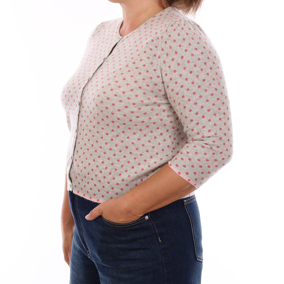 Grey & Pink Poker-dot Cashmere 3/4 Sleeve Crew Neck Cardigan Large