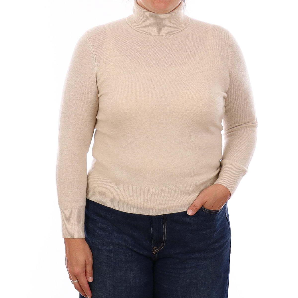 Sand Cashmere Polo Neck Jumper Large