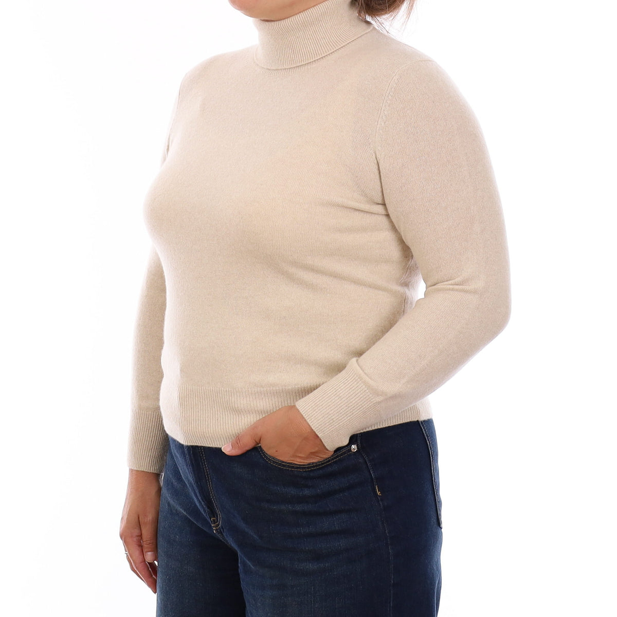 Sand Cashmere Polo Neck Jumper Large