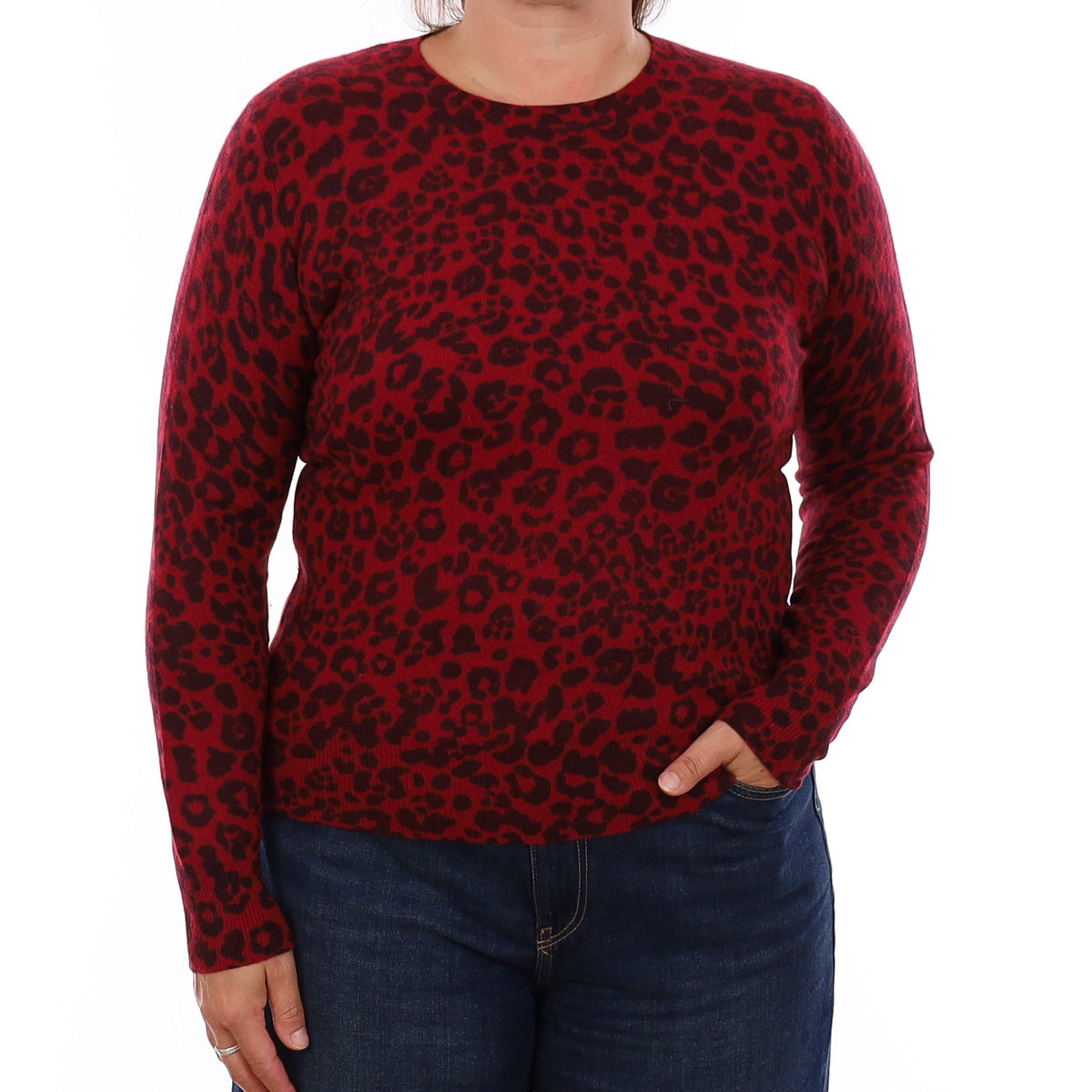 Red Leopard Print Cashmere Crew Neck Jumper Large