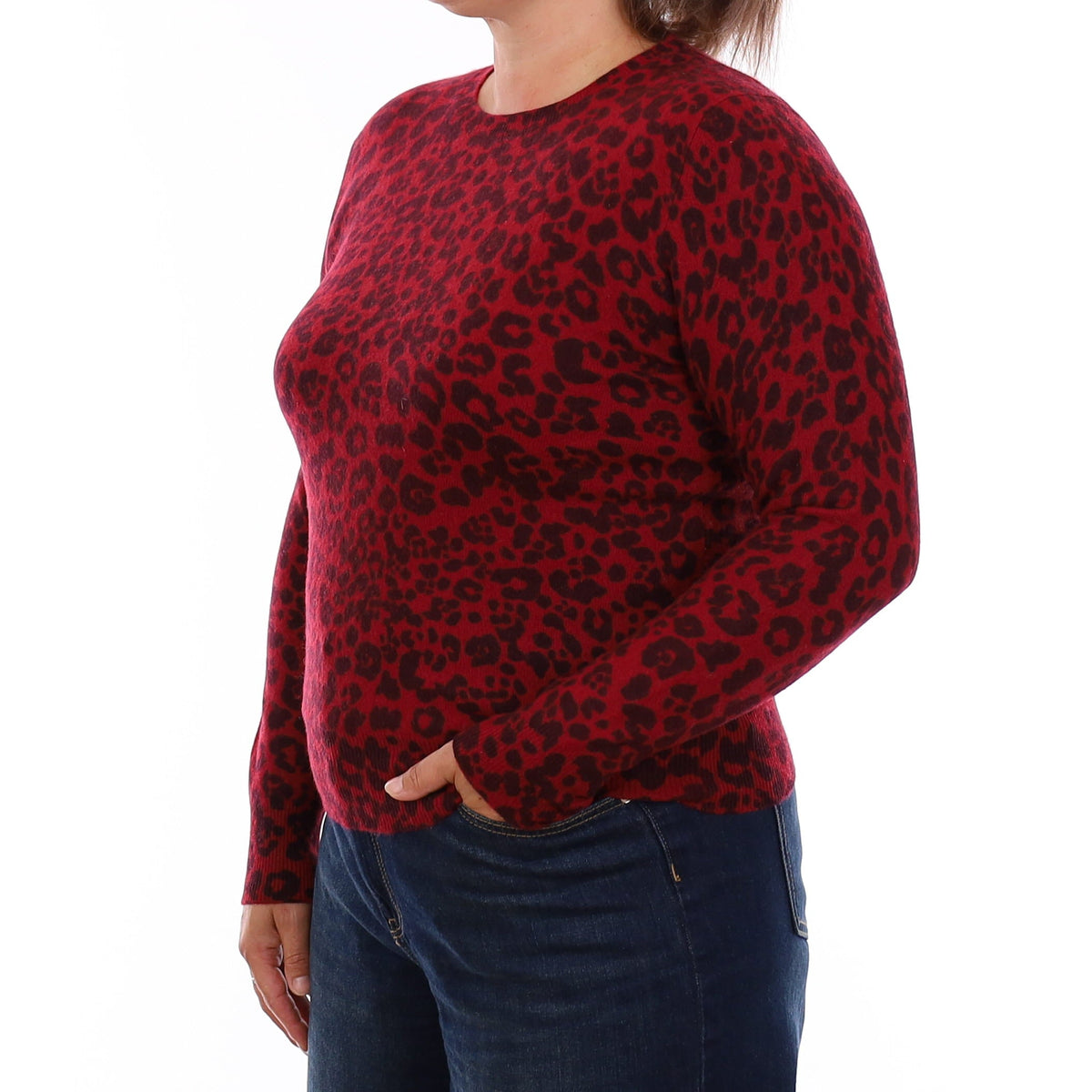 Red Leopard Print Cashmere Crew Neck Jumper Large