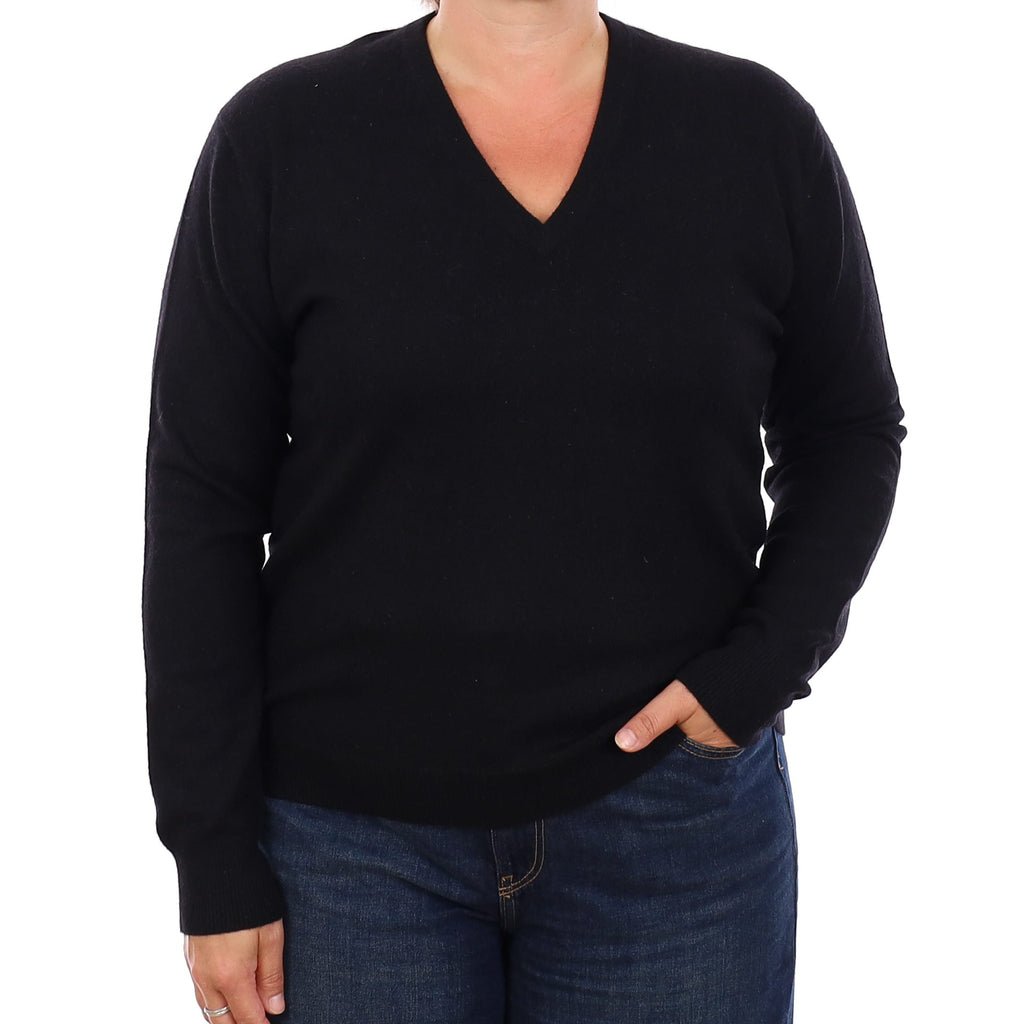 Black Cashmere V Neck Jumper Large