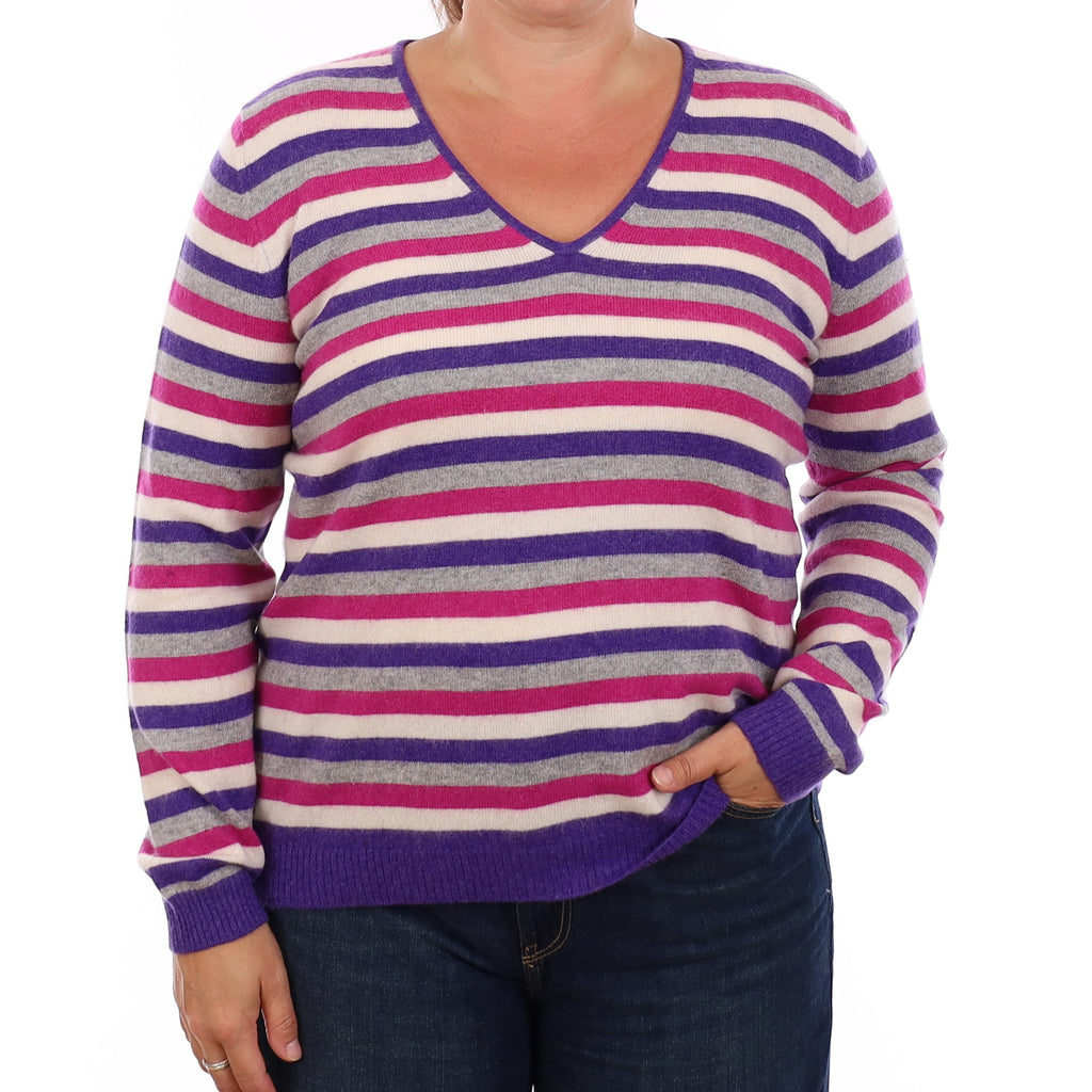 Striped Cashmere V Neck Jumper Large