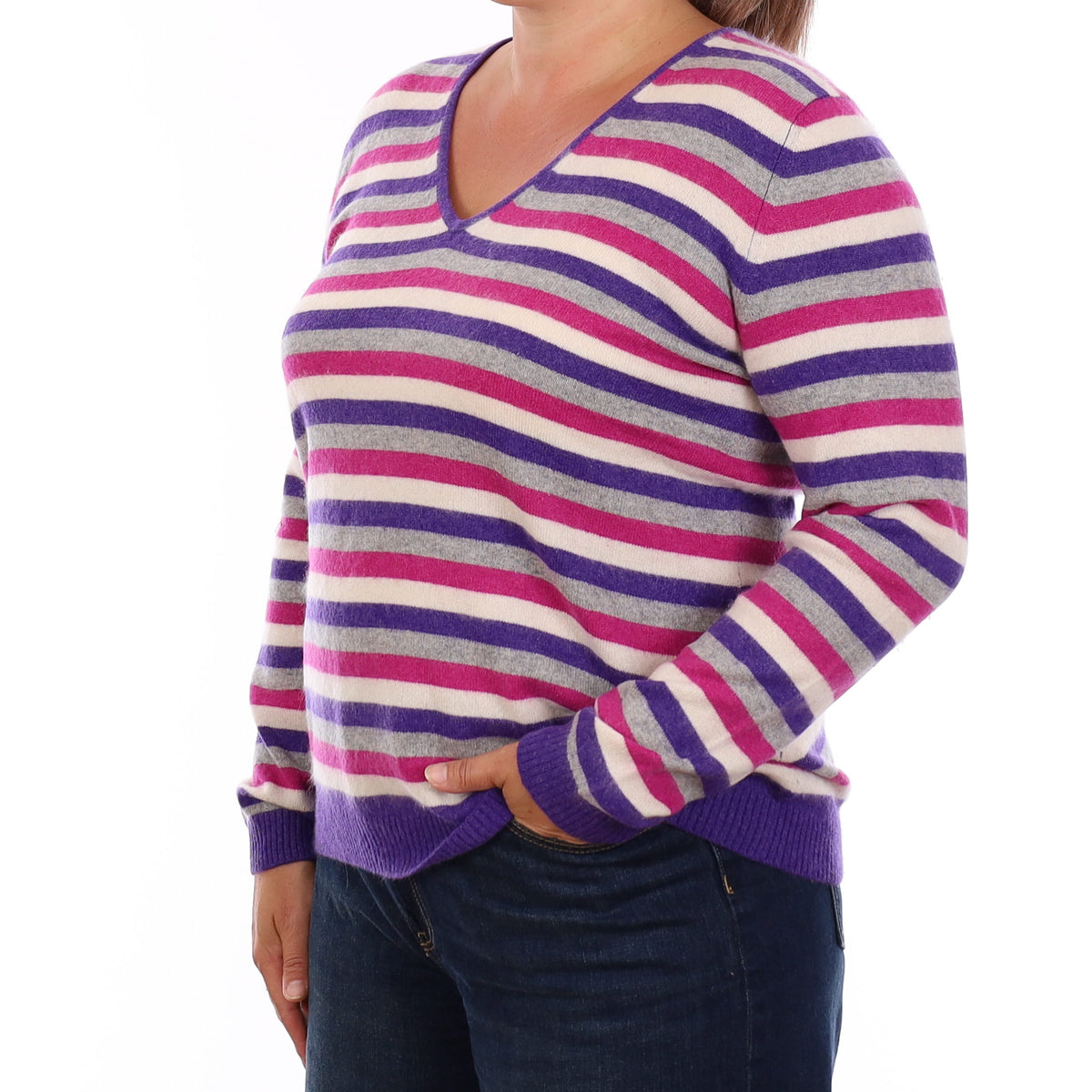 Striped Cashmere V Neck Jumper Large