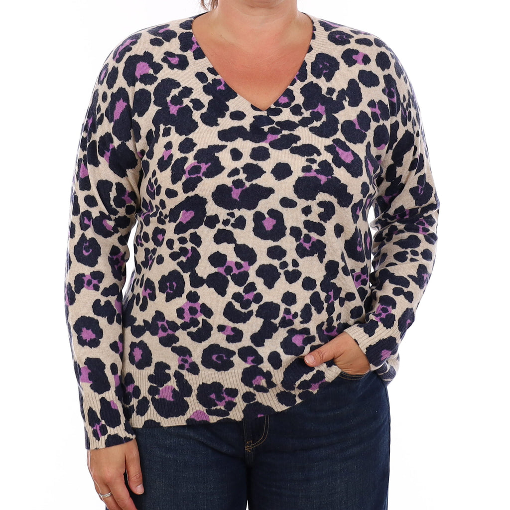 Leopard Print Cashmere V Neck Jumper Large