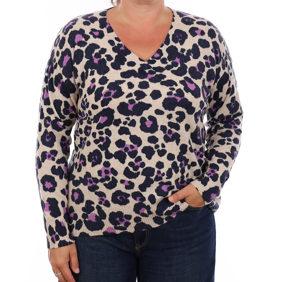 Leopard Print Cashmere V Neck Jumper Large