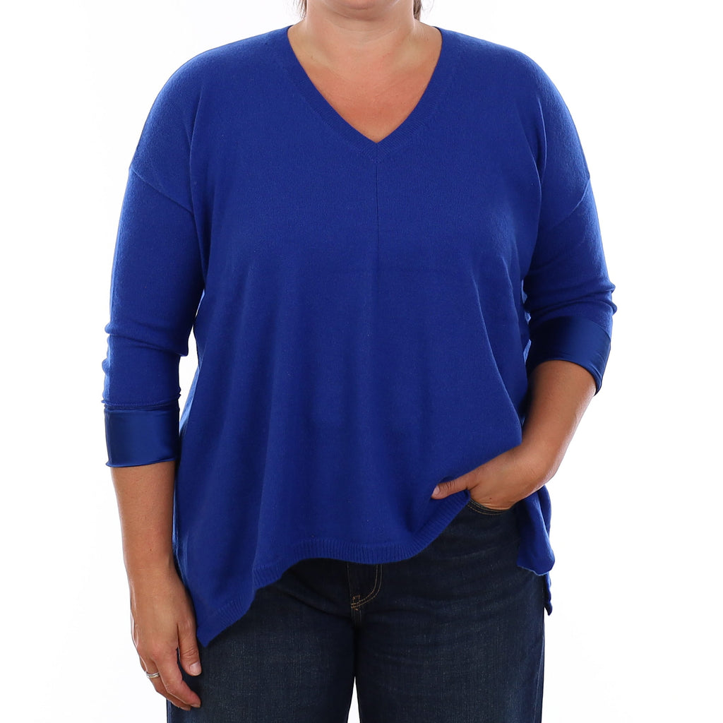 Royal Blue Cashmere Boxy 3/4 Sleeve V Neck Jumper Large