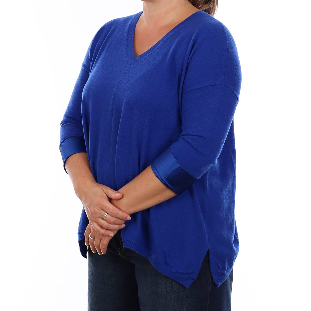 Royal Blue Cashmere Boxy 3/4 Sleeve V Neck Jumper Large
