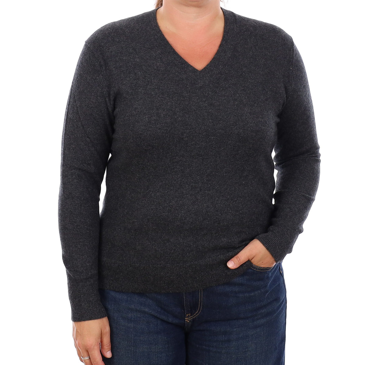 Charcoal Grey Cashmere V Neck Jumper Large