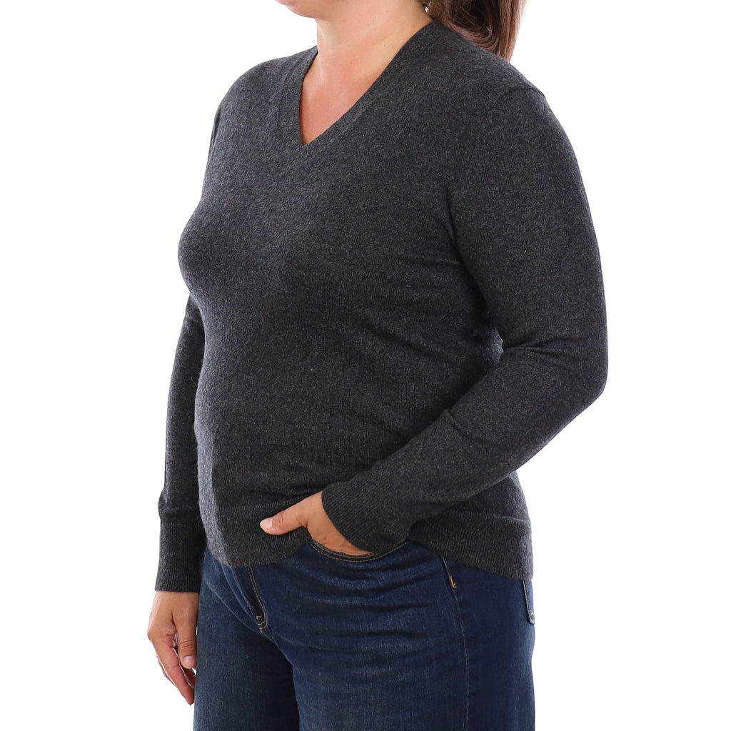 Charcoal Grey Cashmere V Neck Jumper Large