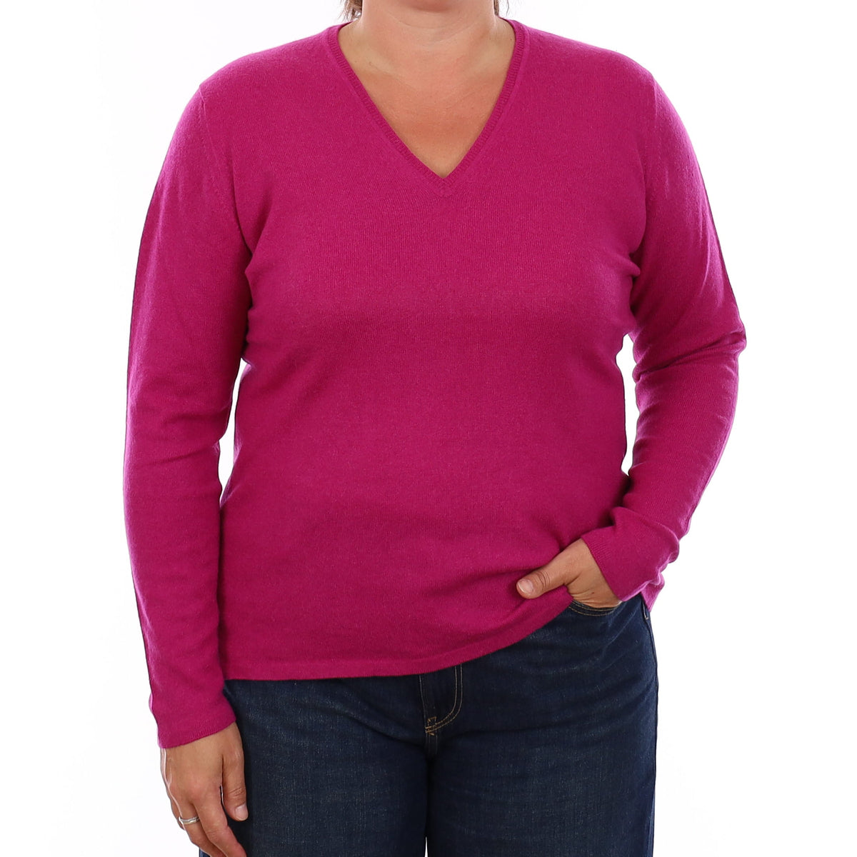 Johnstons of Elgin Scottish Raspberry Pink Cashmere V Neck Jumper Large