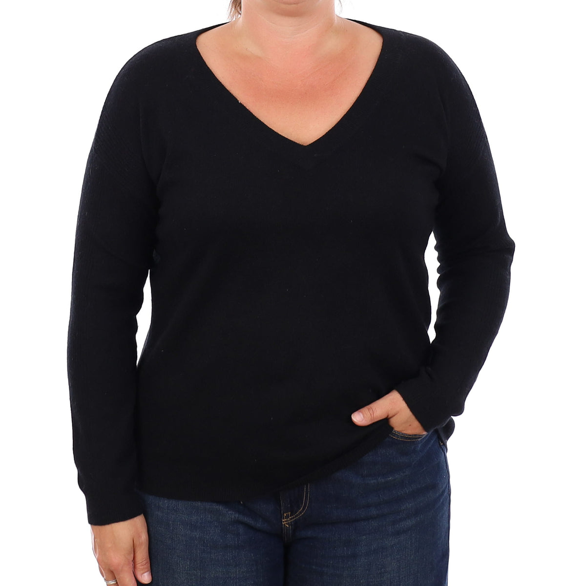 Black Cashmere V Neck Jumper Large