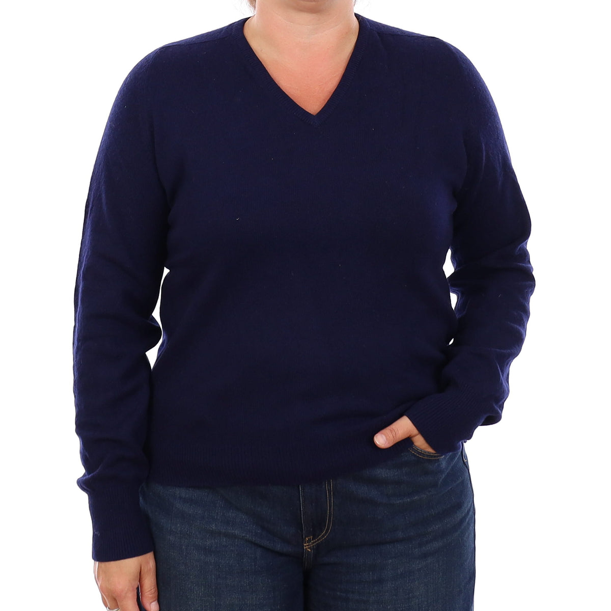 Vintage English Navy Blue Cashmere V Neck Jumper Large
