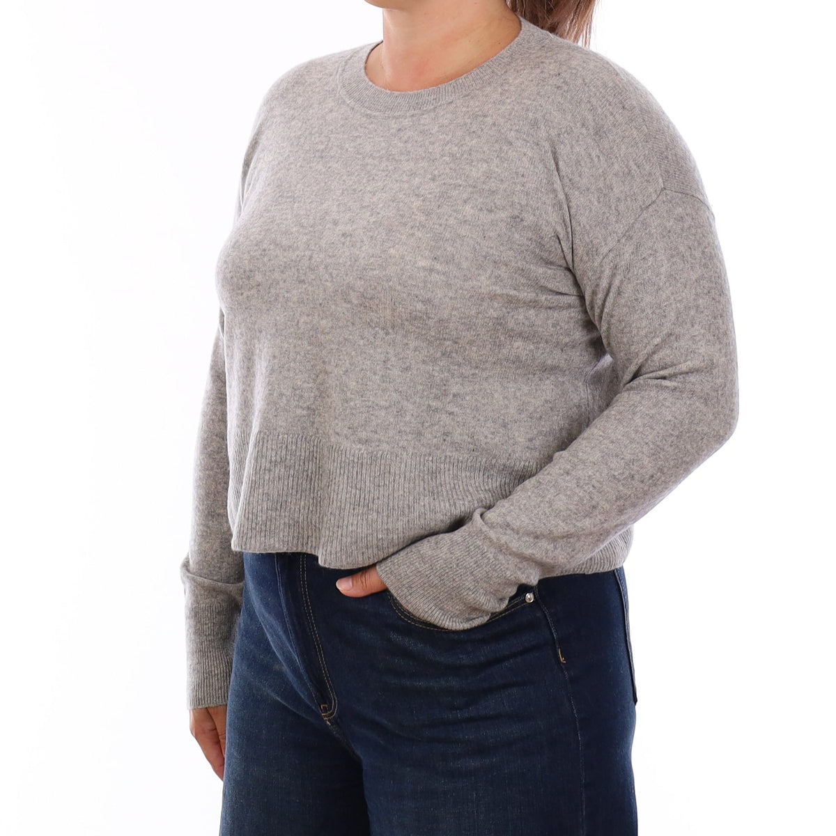 Smoke Grey Cashmere Cropped Crew Neck Jumper Large