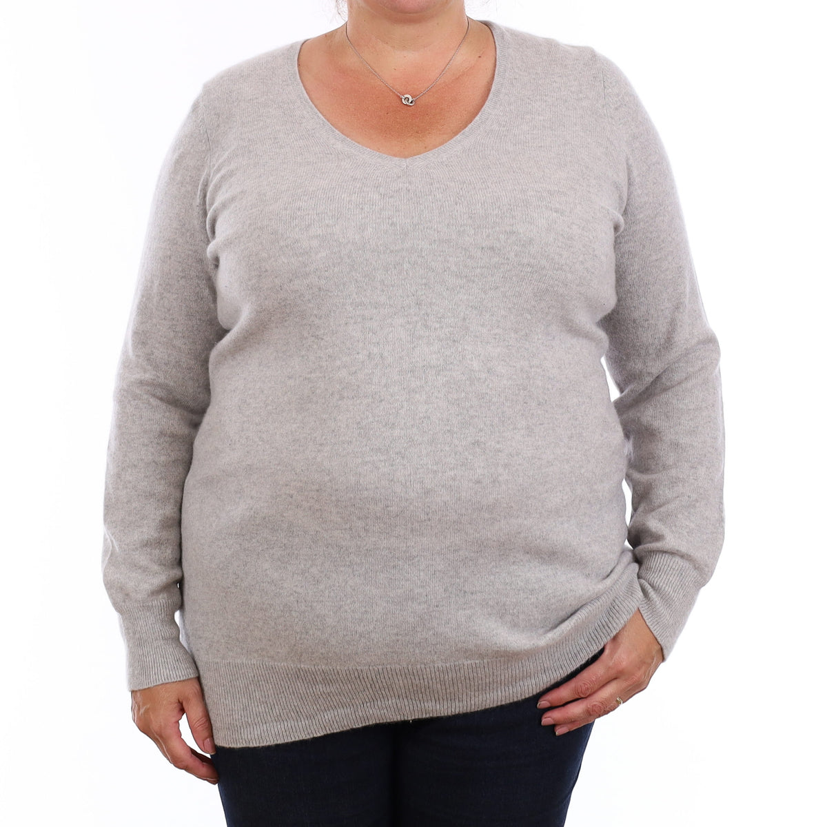 Mist Grey Cashmere Longline V Neck Jumper Extra Large