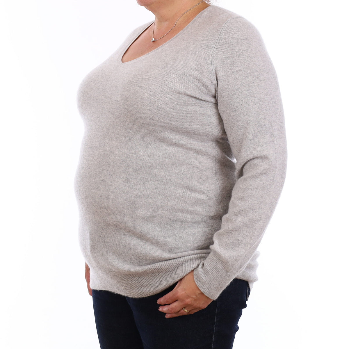 Mist Grey Cashmere Longline V Neck Jumper Extra Large
