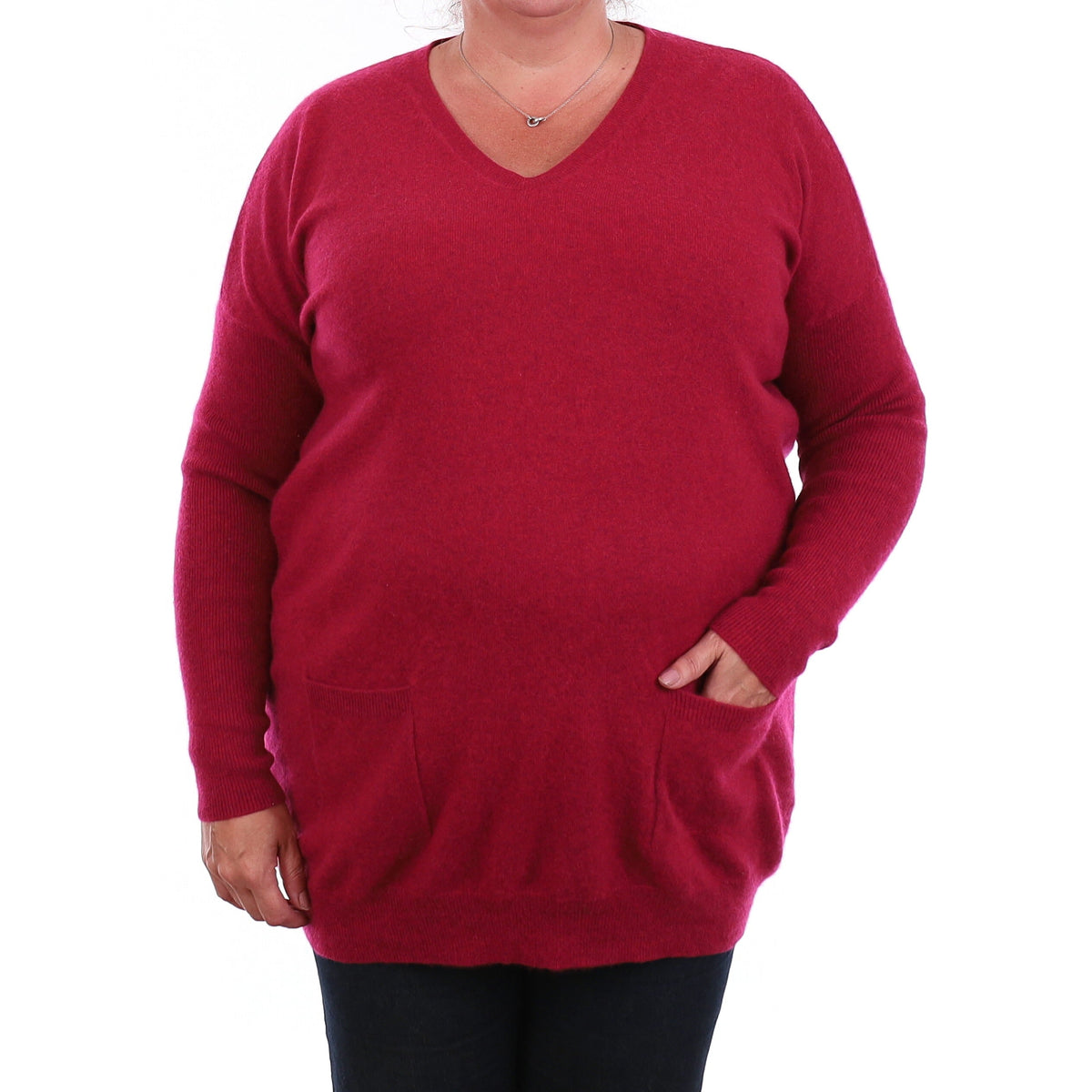 Cherry Pink Cashmere Longline V Neck Jumper with Pockets XL
