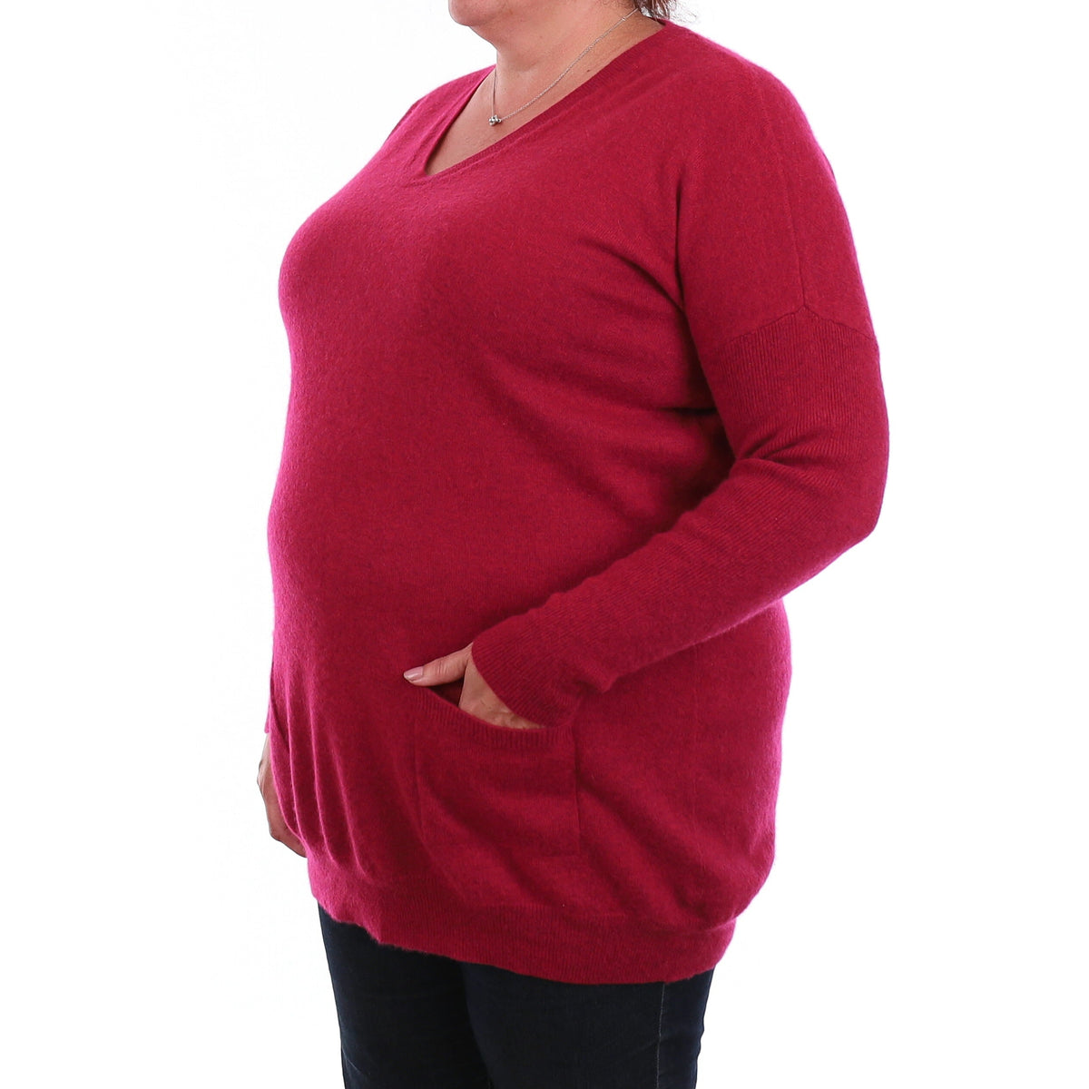 Cherry Pink Cashmere Longline V Neck Jumper with Pockets XL