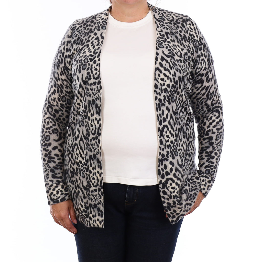 Grey Leopard Print Cashmere Edge to Edge Cardigan Extra Large