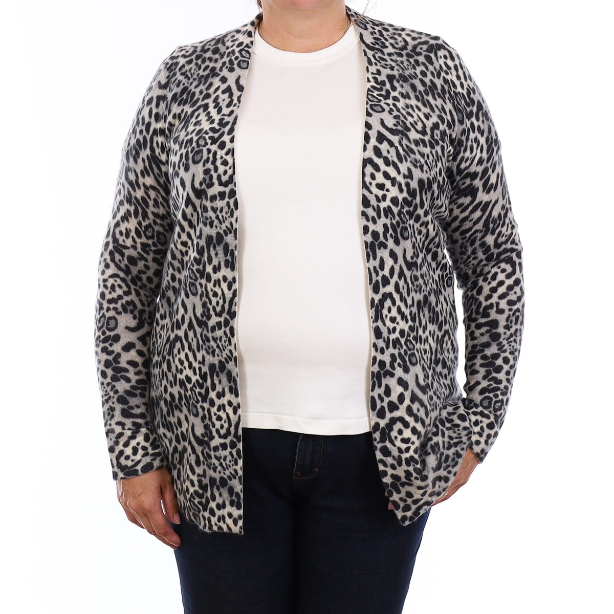 Grey Leopard Print Cashmere Edge to Edge Cardigan Extra Large