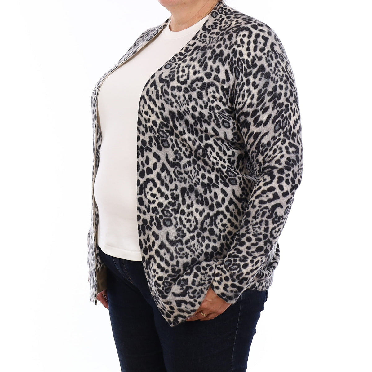 Grey Leopard Print Cashmere Edge to Edge Cardigan Extra Large
