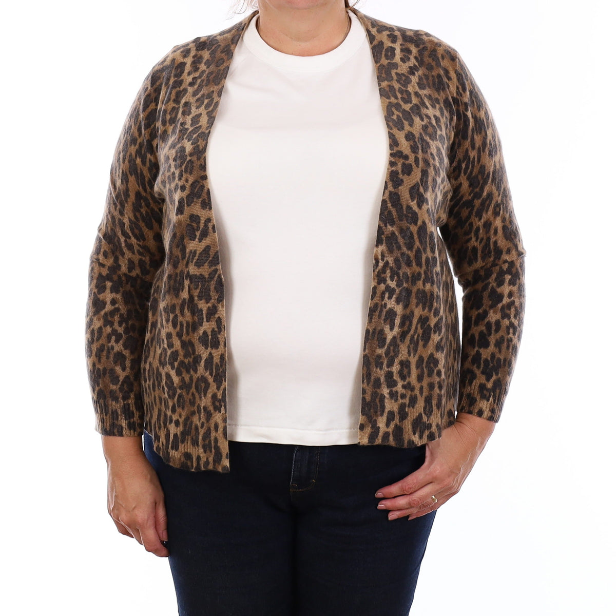 Brown Leopard Print Cashmere Edge to Edge Cardigan Extra Large