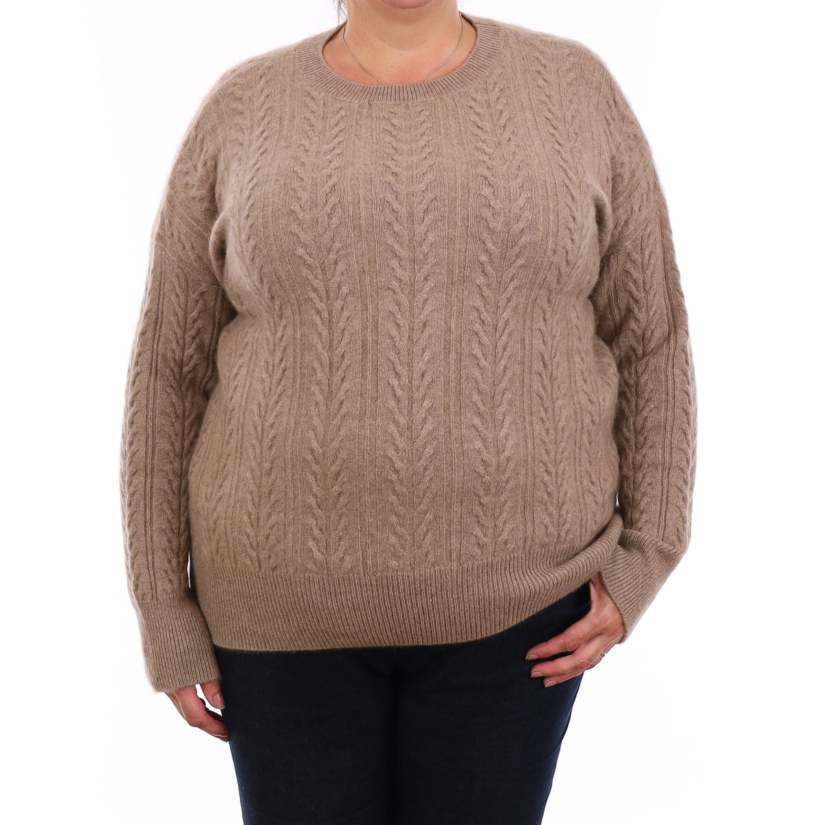 Taupe Brown Chunky Cable Cashmere Crew Neck Jumper Extra Large