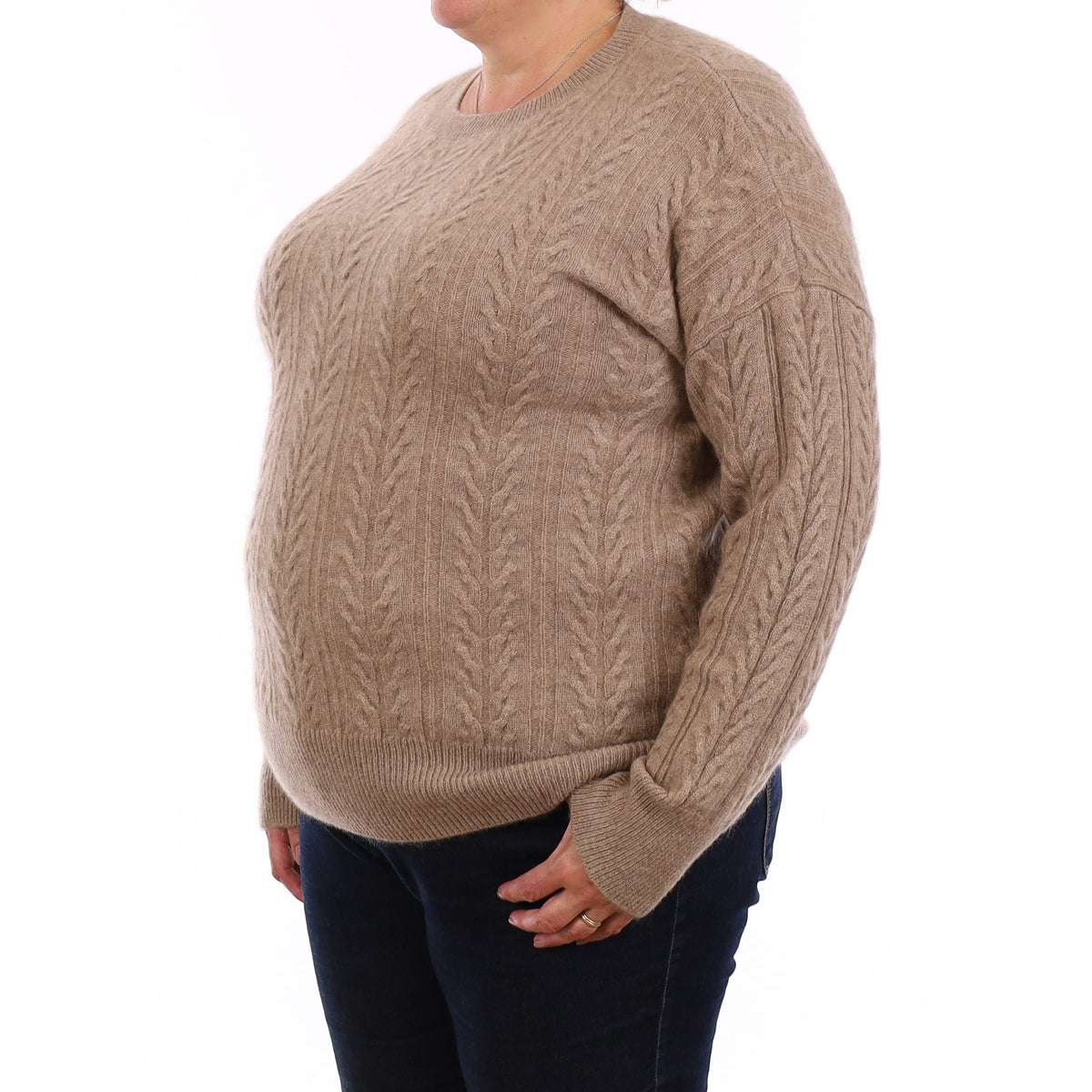 Taupe Brown Chunky Cable Cashmere Crew Neck Jumper Extra Large