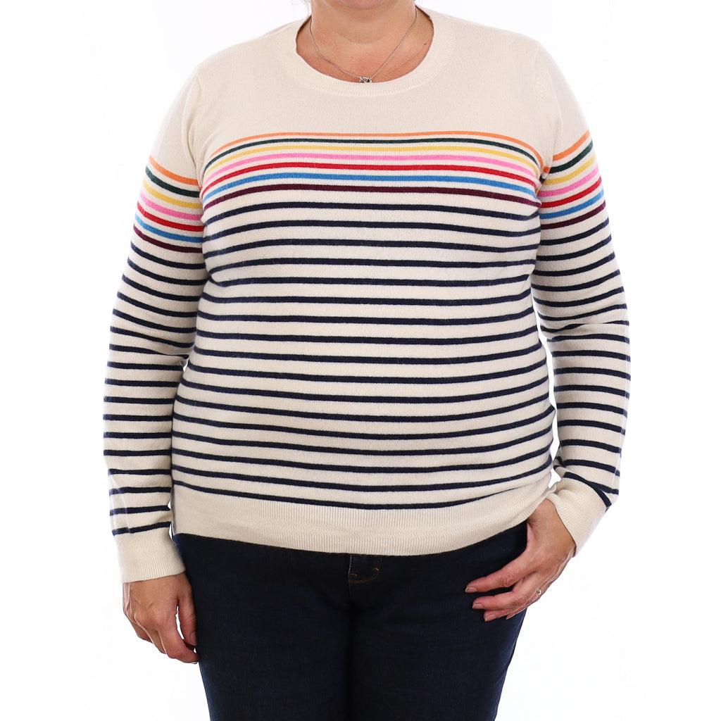 Ivory Striped Cashmere Crew Neck Jumper Extra Large