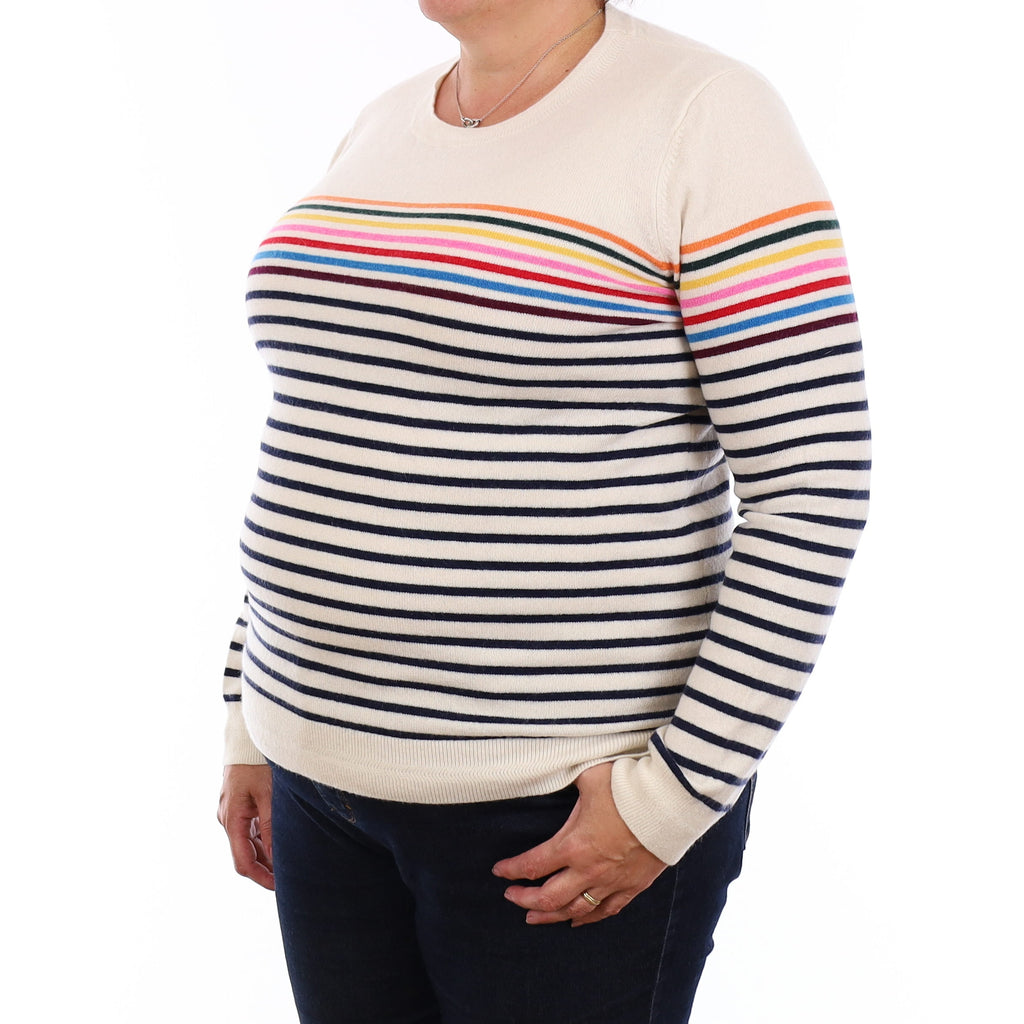 Ivory Striped Cashmere Crew Neck Jumper Extra Large