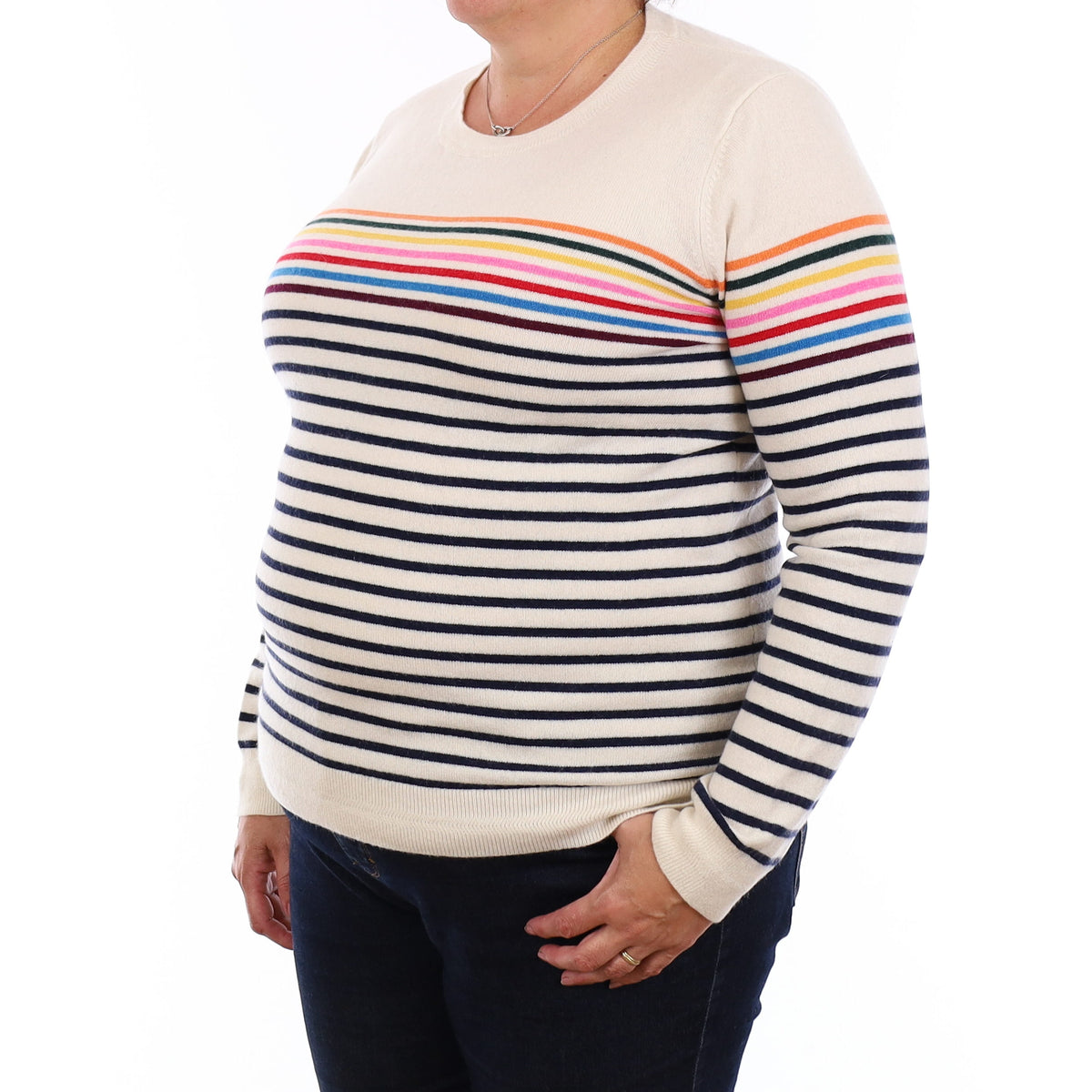 Ivory Striped Cashmere Crew Neck Jumper Extra Large