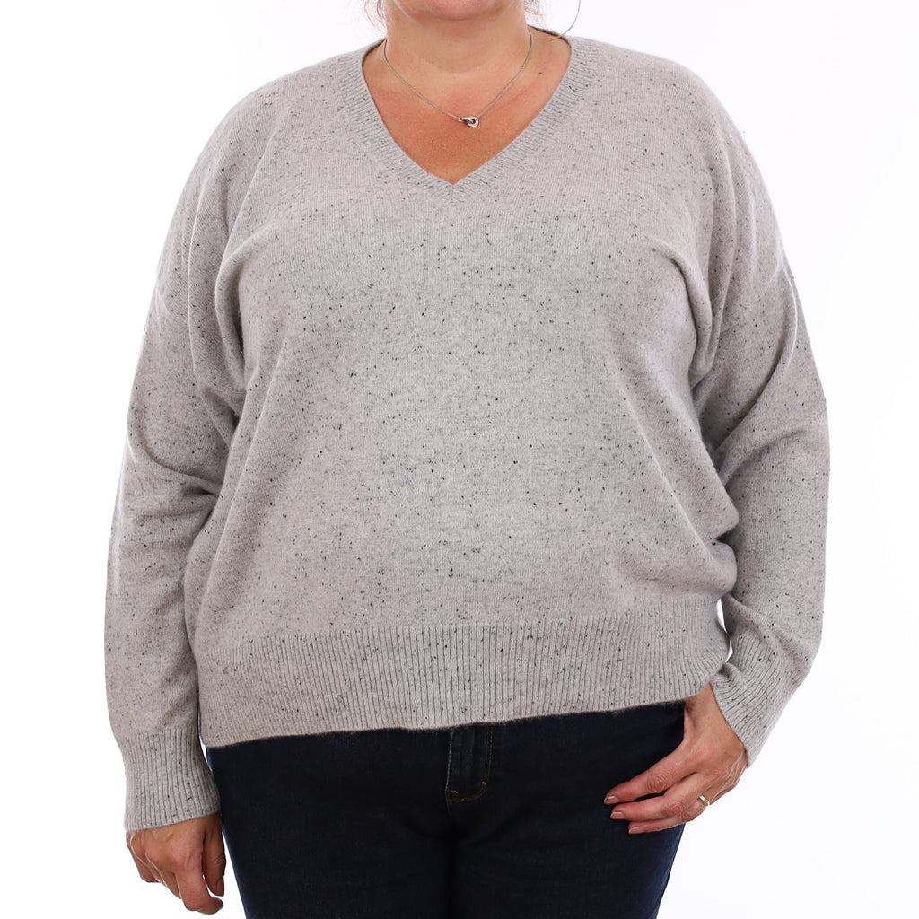 Grey Flecked Cashmere Boxy V Neck Jumper XXL