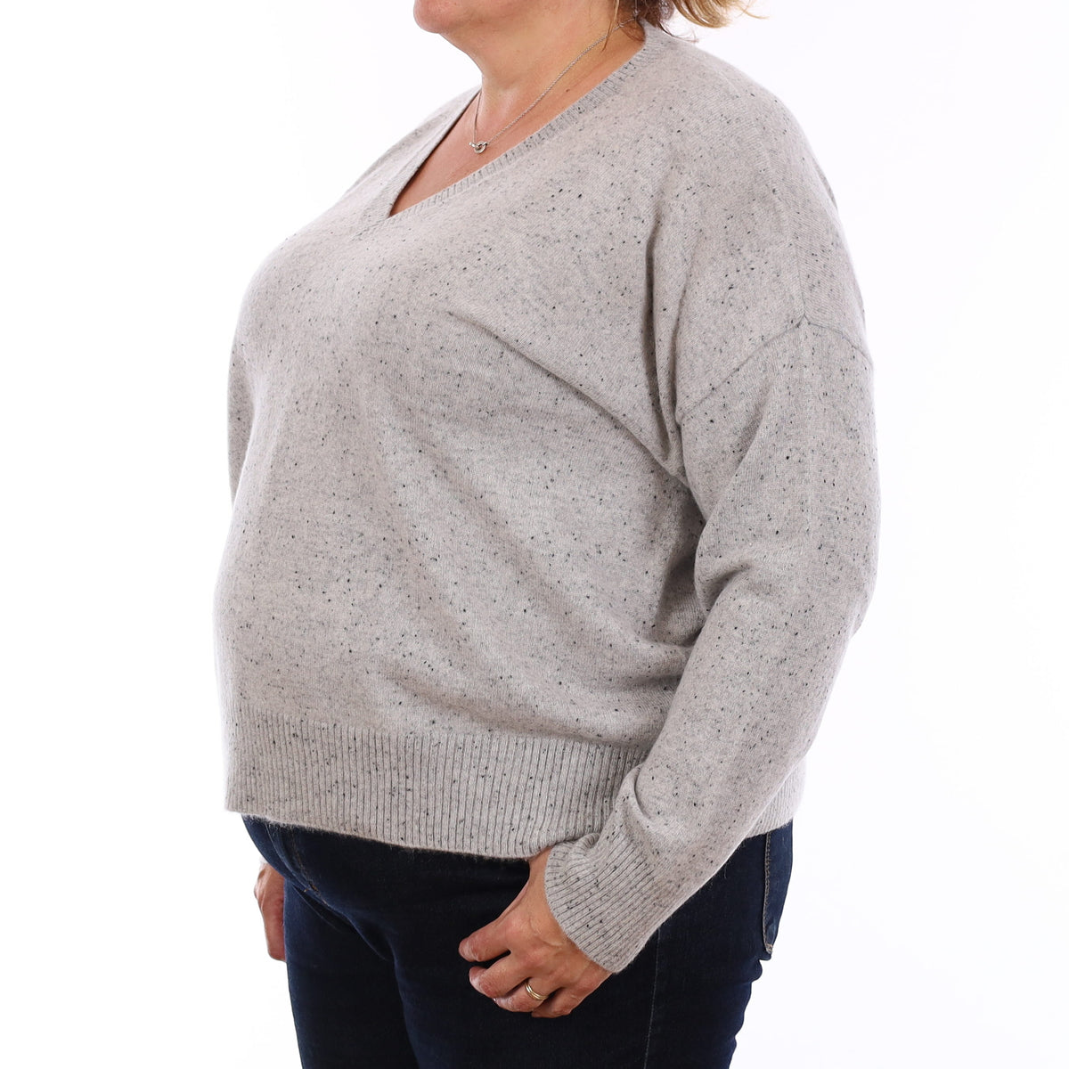 Grey Flecked Cashmere Boxy V Neck Jumper XXL